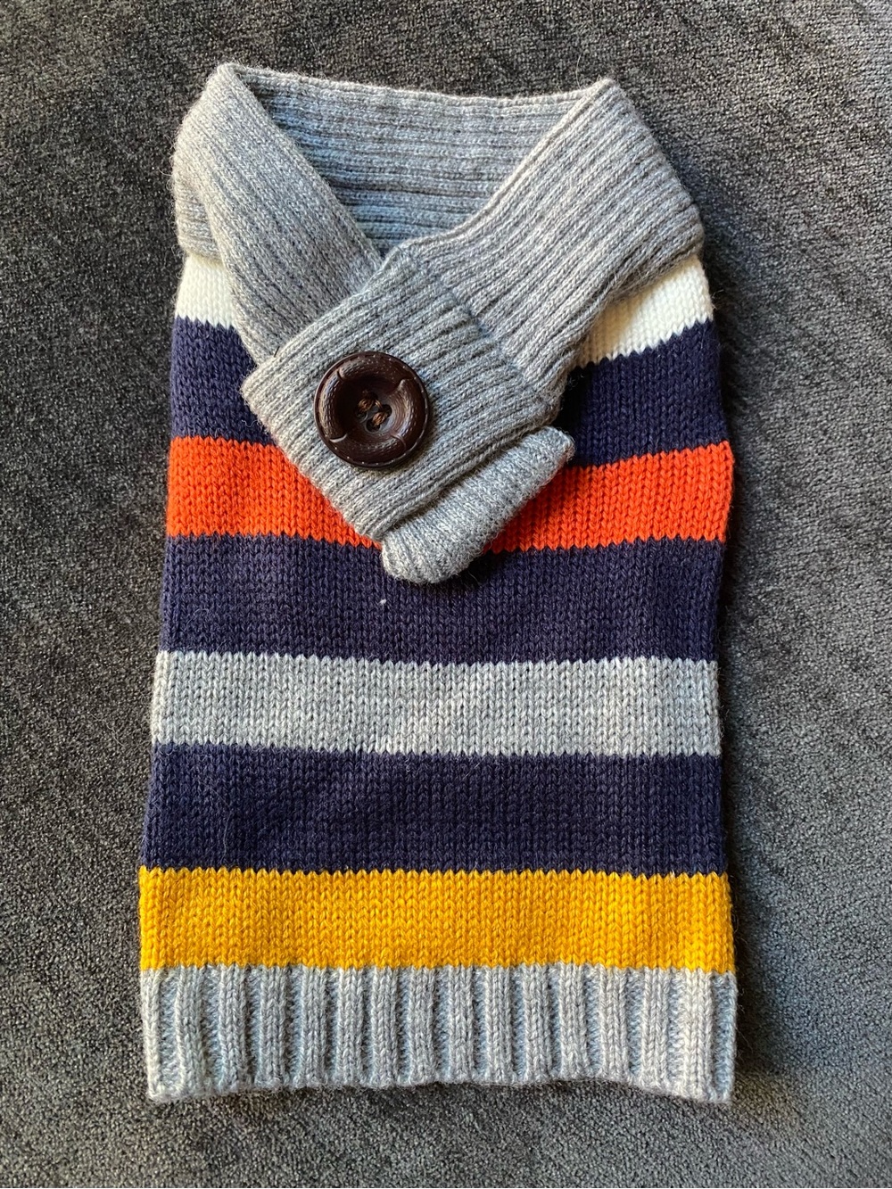 Striped Knit Dog Sweater with Button Collar - Gray, Navy & Orange